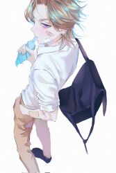  1boy backpack bag brown_hair brown_pants commentary_request dress_shirt earrings food from_behind full_body gusamo haitani_rindou hand_in_pocket highres jewelry korean_commentary male_focus pants popsicle school_uniform shirt short_hair simple_background solo standing tokyo_revengers violet_eyes white_background white_shirt 
