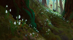  1girl animal black_cat cat child day flower forest from_side green_shirt highres hill nature original outdoors pink_skirt red_hair robbie_aldis scenery shirt short_hair skirt tree walking white_flower wide_shot 