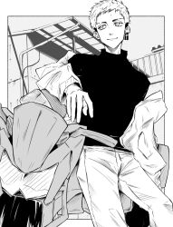  1boy closed_mouth commentary_request dress_shirt earrings greyscale highres jewelry leaning leaning_against_motorcycle male_focus mitsuya_takashi monochrome motor_vehicle motorcycle nattsu_(user_fdkh3235) on_motorcycle pants shirt short_hair solo standing tokyo_revengers very_short_hair 