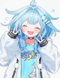 1girl :d ^_^ absurdres ahoge blue_bow blue_hair blue_shirt bow braid choker closed_eyes commentary_request double-parted_bangs double_v drawstring fangs fuinagi_(huyuu_mm) hair_bow hair_flaps hair_intakes hair_ornament hairclip hand_up highres hololive hololive_dev_is jacket light_blush lightning_ahoge long_sleeves looking_at_viewer low_twin_braids medium_hair mizumiya_su mizumiya_su_(1st_costume) multicolored_hair o-ring o-ring_choker open_clothes open_jacket open_mouth parallel_hairclips pink_streaks pom_pom_(clothes) print_shirt shirt simple_background sleeves_past_wrists smile solo star_(symbol) streaked_hair teeth torn_clothes torn_shirt twin_braids two-tone_hair upper_body upper_teeth_only v virtual_youtuber white_background white_jacket x_hair_ornament 