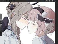  2girls art_program_in_frame black_hairband blush closed_eyes closed_mouth commentary_request flower grey_hair hair_flower hair_ornament hairband highres horns la_pucelle_(mahoiku) magical_girl mahou_shoujo_ikusei_keikaku mahou_shoujo_ikusei_keikaku_unmarked multiple_girls pink_hair rfo_2011 short_hair snow_white_(mahoiku) white_flower yuri 
