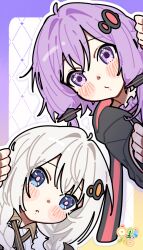  2girls :o absurdres ahoge black_jacket blue_eyes blush_stickers border braid closed_mouth commentary_request double-parted_bangs gradient_border hair_between_eyes hair_intakes hair_ornament highres hinohari_(user_wzxk7585) jacket kizuna_akari long_hair long_sleeves looking_at_viewer multiple_girls open_mouth outline outside_border purple_border purple_hair short_hair_with_long_locks twin_braids two-tone_border upper_body violet_eyes vocaloid voiceroid white_hair white_outline yellow_border yuzuki_yukari 