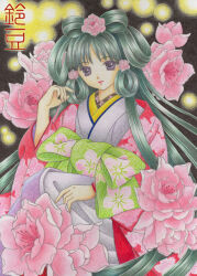  1girl black_hair blue_eyes bow closed_mouth colored_pencil_(medium) feet_out_of_frame floral_print floral_print_kimono flower green_bow hair_flower hair_ornament hair_ribbon hair_rings hand_up japanese_clothes kimono large_bow layered_kimono light_smile long_hair looking_at_viewer low-tied_hair_rings nihongami original peach_blossom peony_(flower) pink_flower pink_kimono print_bow print_kimono ribbon sitting solo suzumame traditional_media very_long_hair white_kimono wide_sleeves 