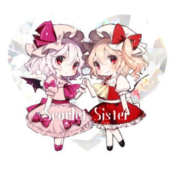  2girls artist_name ascot back_bow bat_wings blonde_hair blush bow chibi chibi_only closed_mouth collared_shirt commentary_request crystal crystal_wings english_text flandre_scarlet frilled_shirt_collar frilled_skirt frills full_body hair_between_eyes hat hat_bow hat_ribbon holding_hands interlocked_fingers looking_at_viewer medium_hair mob_cap mochacot multicolored_wings multiple_girls one_side_up pink_bow pink_hair pink_hat pink_shirt pink_skirt puffy_short_sleeves puffy_sleeves red_ascot red_bow red_eyes red_skirt red_vest remilia_scarlet ribbon shirt short_sleeves siblings sisters skirt skirt_bow skirt_set sleeve_bow smile touhou vest white_bow white_hat white_shirt wings yellow_ascot 
