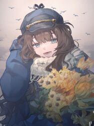  1girl :d blue_coat blue_eyes blue_neckerchief bouquet brown_hair chinese_commentary coat commentary_request flower grey_hat grey_sky hand_on_own_head hat highres holding holding_bouquet long_hair lower_teeth_only marcus_(reverse:1999) mole mole_under_eye neckerchief newsboy_cap open_mouth reverse:1999 scarf shise_kongbai simple_bird sky smile solo teeth upper_body white_scarf yellow_flower 