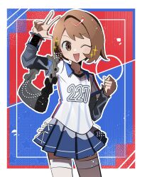  1girl bag blue_background border brown_hair clenched_hand commentary dynamax_band gloria_(pokemon) gym_challenge_uniform handbag highres jersey leggings looking_at_viewer one_eye_closed open_mouth pokemon pokemon_sword_and_shield shirt skirt solo sportswear swept_bangs tnm_ilu untranslatable_commentary v white_leggings 