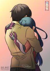  1boy 1girl black_hair bodysuit brown_hair casual couple fishnet_cutout fishnets formal_clothes gloves highres hug igawa_asagi impossible_bodysuit impossible_clothes long_hair mutual_hug ninja purple_bodysuit purple_gloves remchi301 sawaki_kyousuke skin_tight spiky_hair taimanin_(series) taimanin_asagi taimanin_suit 