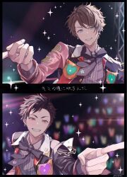  2boys artist_name black_border black_bow black_bowtie black_hair blurry blurry_background border bow bowtie brown_hair buttons chain collared_shirt commentary earrings ensemble_stars! fingernails glowstick grin headset heart highres jewelry layered_clothes layered_sleeves long_sleeves male_focus multicolored_hair multiple_boys nagumo_tetora official_alternate_costume orange_eyes overflow!_(ensemble_stars!) penlight_(glowstick) pointing red_hair shindarokai shirt short_hair smile sparkle star_(symbol) star_earrings streaked_hair sweat takamine_midori translation_request two-tone_hair upper_body wing_collar 