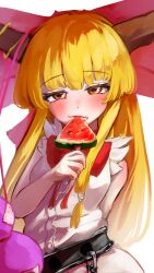  1girl absurdres arm_behind_back belt black_belt blonde_hair blush bow bowtie breasts brown_eyes brown_horns buttons chain closed_mouth commentary dot_nose eating food gourd hair_bow hand_up highres horn_ornament horn_ribbon horns ibuki_suika long_hair long_sidelocks looking_at_viewer oni pink_skirt popsicle red_bow red_bowtie ribbon shirt shirt_tucked_in sidelocks simple_background skirt sleeveless small_breasts smile solo suwa_(au_swap) torn_clothes torn_sleeves touhou upper_body very_long_hair watermelon_bar white_background white_shirt 