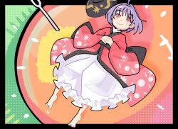  bourbunbun bowl bowl_hat hat highres japanese_clothes kimono long_sleeves mini_person minigirl needle purple_hair red_eyes red_kimono sash short_hair smile sukuna_shinmyoumaru touhou wide_sleeves 