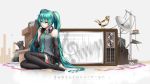  aqua_hair arm_support bird butterfly cat detached_sleeves hatsune_miku hinase_kanoto light_smile long_hair piano_keys satellite_dish television thighhighs treble_clef twintails very_long_hair vocaloid 