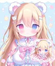  1girl :d animal_ears bare_shoulders bear_ears bear_girl bear_hair_ornament blonde_hair blue_background blue_eyes blush bow bowtie breasts center_frills chibi chibi_inset closed_mouth commentary_request detached_sleeves double-parted_bangs frilled_sleeves frills hair_between_eyes hair_bow hair_ornament hairclip heterochromia large_breasts long_hair looking_at_viewer open_mouth original parallel_hairclips pink_bow pink_bowtie pink_eyes sailor_collar shirt short_sleeves sidelocks sleeveless sleeveless_shirt smile star_(symbol) tsukimi_mumi upper_body white_sailor_collar white_shirt 