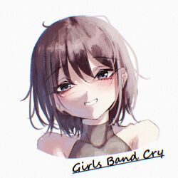  1girl blue_eyes brown_hair commentary copyright_name english_commentary girls_band_cry highres iseri_nina open_mouth portrait rraiden2_(szsv8382) short_hair simple_background solo white_background 