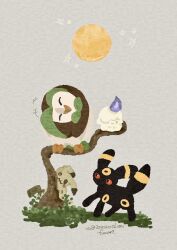  absurdres beak bird black_fur bow bowtie candle closed_eyes colored_sclera dartrix disguise fire grass green_bow green_bowtie head_tilt highres litwick mimikyu no_humans owl pokemon pokemon_(creature) pokemon_focus purple_fire red_sclera simple_background sitting_on_branch solid_oval_eyes tail talons umbreon yellow_eyes zozozoshion 