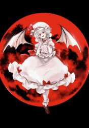  1girl absurdres back_bow bat_wings blue_hair bow brown_shoes collared_shirt commentary_request frilled_shirt_collar frills full_body full_moon hat hat_ribbon highres loafers looking_at_viewer mob_cap moon night open_mouth puffy_short_sleeves puffy_sleeves red_bow red_eyes red_moon remilia_scarlet ribbon shirt shoes short_sleeves single_wrist_cuff skirt skirt_bow skirt_set smile socks solo suika_(pixiv_26385835) touhou white_hat white_shirt white_skirt white_socks wings wrist_cuffs 