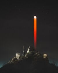  1other ambiguous_gender black_cloak black_sky blender_(medium) cloak commentary cross english_commentary facing_away foliage from_behind full_moon highres hill moon night original outdoors outrunyouth rock scenery sky standing star_(sky) wide_shot 