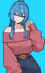  1girl absurdres aqua_background aqua_eyes blue_hair collarbone denim groin hair_between_eyes hair_intakes high-waist_pants highres jeans looking_at_viewer nokaa_aru off-shoulder_sweater off_shoulder original pants ponytail red_sweater sidelocks solo sweater 