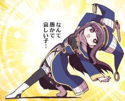  1girl alternate_headwear anime_coloring bare_shoulders bishie_sparkle black_dress black_thighhighs blue_hat blue_skirt blue_sleeves boots bright_pupils clothing_cutout commentary_request detached_sleeves dokan_(dkn) dot_nose dress dress_under_skirt emphasis_lines frilled_skirt frilled_thighhighs frills full_body happy hat high-waist_skirt high_heel_boots high_heels holding holding_knife jester_cap knife light_blush light_particles long_hair long_sidelocks long_skirt long_sleeves looking_at_viewer magical_girl mahou_shoujo_madoka_magica mahou_shoujo_madoka_magica:_walpurgis_no_kaiten o-ring open_clothes open_mouth open_skirt purple_hair red_eyes scarf shadow short_dress short_sleeves shoulder_cutout sidelocks skirt smile solo strapless strapless_dress thigh-highs torn_clothes torn_thighhighs translation_request two-tone_dress very_long_hair wasu_(madoka_magica) white_boots white_dress white_pupils white_scarf yellow_background 