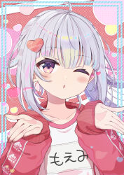  1girl ahoge alternate_hair_length_(longer) aogiri_koukou blowing_kiss blunt_bangs blush colorful_background commentary_request gorirasaru440 gym_shirt gym_uniform hair_ornament heart heart_hair_ornament highres jacket long_hair long_sleeves moemi name_tag official_alternate_hairstyle one_eye_closed outside_border parted_lips ponytail red_background red_jacket screentones shirt solo track_jacket upper_body violet_eyes virtual_youtuber white_shirt wispy_bangs 