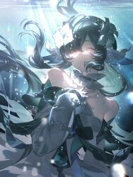  1girl bare_shoulders black_hair blue_flower blue_hair body_markings bow breasts choker closed_eyes collar colored_inner_hair commentary cowboy_shot detached_sleeves dress elara1pm fingernails fins floating_hair flower frilled_collar frills genshin_impact grey_choker hair_flower hair_ornament hair_over_one_eye hand_on_own_chest hand_up head_fins highres jewelry long_hair long_sleeves medium_breasts multicolored_hair necklace pearl_hair_ornament puffy_detached_sleeves puffy_long_sleeves puffy_sleeves sidelocks sleeveless sleeveless_dress solo sunlight teeth underwater untranslatable_commentary very_long_hair vodyanitsa_(genshin_impact) water_drop wavy_hair white_bow white_dress white_flower white_sleeves 