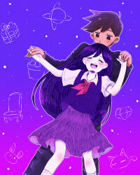  1boy 1girl bilingual_commentary blush bright_pupils brown_hair closed_eyes collared_shirt colored_skin commentary double-parted_bangs english_commentary grey_pants hair_behind_ear hair_between_eyes hero_(faraway)_(omori) hero_(omori) highres long_hair mari_(headspace)_(omori) mari_(omori) maromichan mixed-language_commentary omori open_mouth outline pants purple_hair purple_sky purple_sweater_vest red_skirt shirt short_hair short_sleeves skirt sky socks sweater_vest teeth tongue upper_teeth_only white_outline white_pupils white_shirt white_skin white_socks 