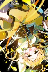  1girl :d beret black_corset black_hat black_thighhighs blonde_hair blush charlotte_(madoka_magica) corset dark_background drill_hair gun hat highres light_particles magical_girl magical_musket_(madoka_magica) mahou_shoujo_madoka_magica oda_kogane overexposure parted_bangs shirt skirt smile solo sparkle thigh-highs tomoe_mami tomoe_mami_(magical_girl) twin_drills upside-down weapon white_shirt yellow_eyes yellow_skirt yellow_trim 