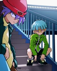  against_railing aqua_hair beanie black_shoes black_shorts bowl_cut brown_hair bug_print commentary_request dinosaur_ryuzaki glasses green_jacket green_shirt hat highres insector_haga jacket long_hair looking_at_viewer medium_hair multicolored_hair nama_no_niku purple_hair railing red_hat round_eyewear shirt shoes shorts signature stairs twitter_username two-tone_hair violet_eyes yellow_shirt yu-gi-oh! yu-gi-oh!_duel_monsters 