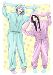  2girls absurdres animal_hood anno_im aqua_socks black_hair bleach braid closed_eyes commentary_request grey_eyes grey_hair head_tilt height_difference highres holding_fake_animal_ears hood hooded_pajamas kotetsu_isane multiple_girls onesie open_mouth pajamas pink_socks rabbit_hood short_hair_with_long_locks side_braid smile socks star_(symbol) tall_female unohana_retsu 