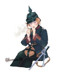  1girl artist_name blonde_hair blue_eyes cigar combat_helmet commentary_request franco-prussian_war germany helmet karasumi_(sumizono) lighting_cigar looking_at_object matchstick military military_uniform original pants pickelhaube scabbard sheath short_hair smoking solo solo_focus sword weapon white_background 