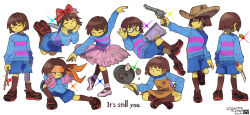  2026 6+others aizawa_sachi alternate_costume androgynous apron ballet_slippers bandaged_leg bandages bandana black_shoes blue_shirt blue_sweater bow brown_hair brown_socks colored_skin cowboy_hat dated double_horizontal_stripe frisk_(undertale) frying_pan gloves gun hair_bow hat headband heart_locket highres holding holding_frying_pan holding_knife holding_notebook holding_stick holding_toy_gun knife multiple_others notebook orange_apron orange_bandana other_focus pink_gloves pink_skirt red_bow round_eyewear shirt shoes skirt sneakers socks sparkle stick striped_clothes striped_sweater sweater toy_gun toy_knife tutu two-tone_sweater undertale utdr_(toby_fox) weapon white_background yellow_skin 