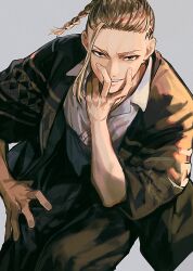  1boy braid commentary_request dress_shirt fingernails grey_background hand_on_own_chin kota_uro long_hair looking_at_viewer male_focus ryuuguuji_ken shirt simple_background sitting solo tokyo_revengers white_shirt 