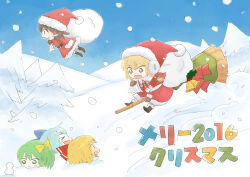  2016 5girls :d alternate_costume bag bell belt black_belt blonde_hair blue_bow blue_hair blue_sky blush boots bow braid broom broom_riding brown_boots brown_hair brown_mittens buried capelet christmas commentary_request cyu_ta daiyousei dress flying frilled_hair_tubes frills fur-trimmed_boots fur-trimmed_capelet fur-trimmed_dress fur_trim green_eyes green_hair hair_bow hair_ribbon hair_tubes hakurei_reimu hat holding holding_bag holly kirisame_marisa mittens multiple_girls profile red_capelet red_dress red_ribbon ribbon santa_costume santa_hat side_ponytail single_braided_sidelock sky smile snow snowing snowman touhou translation_request tree yellow_bow yellow_eyes 