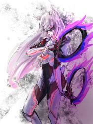  1girl absurdres animal_ears black_bodysuit bodysuit bodysuit_under_clothes cat_ears cat_girl chakram closed_mouth commentary english_commentary highres holding holding_chakram holding_weapon kenoma_art long_hair m_(xenoblade) mask multicolored_bodysuit red_bodysuit solo standing two-tone_bodysuit weapon white_background white_hair xenoblade_chronicles_(series) xenoblade_chronicles_3 