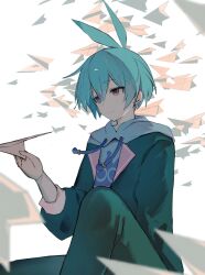  1boy akasannn_g24 antenna_hair black_jacket black_pants blue_eyes blue_hair blue_hoodie closed_mouth drawstring feet_out_of_frame hand_up heterochromia highres holding holding_paper_airplane hood hood_down hoodie jacket knee_up light_smile looking_ahead male_focus open_clothes open_jacket pants paper_airplane puyopuyo puyopuyo_quest red_eyes sig_(allstar_academy)_(puyopuyo) sig_(puyopuyo) sitting solo white_background 