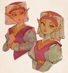  1girl absurdres blue_eyes blue_sleeves closed_mouth commentary english_commentary headdress highres juliet_sleeves lemolunes long_sleeves looking_at_viewer multiple_views parted_lips pointy_ears princess_zelda puffy_sleeves smile the_legend_of_zelda the_legend_of_zelda:_ocarina_of_time the_legend_of_zelda:_ocarina_of_time_(remake) triforce young_zelda 