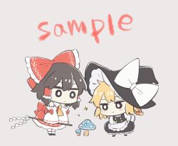  2girls :3 apron back_bow black_hat black_skirt black_vest blonde_hair blush bow brown_hair buttons chibi chibi_only commentary_request cyu_ta detached_sleeves frilled_apron frilled_bow frilled_hair_tubes frills gohei grey_background hair_bow hair_tubes hakurei_reimu hat hat_bow holding holding_gohei kirisame_marisa long_sleeves multiple_girls mushroom red_bow red_shirt red_skirt sample_watermark shirt skirt sparkle touhou vest watermark white_shirt witch_hat 