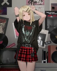  1girl arm_strap arms_up band_shirt belt black_shirt blonde_hair calendar_(object) cannibal_corpse colored_eyelashes commentary gakuen_idolmaster hair_ornament hairclip highres idolmaster indoors kurogaze long_hair looking_at_viewer merchandise miniskirt orange_eyes parallel_hairclips plaid_clothes plaid_skirt poster_(object) print_shirt red_skirt shinosawa_hiro shirt short_sleeves skirt solo speaker studded_strap television untranslatable_commentary v 