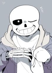  1boy 2023 2d black_shorts blue_jacket digital_media drawstring grey_background grey_hood hollow_eyes hood hood_down hooded_jacket humanoid jacket long_sleeves looking_at_viewer male male_focus miya31 monster monster_boy muted_color one_eye_closed open_clothes open_jacket sans_(undertale) shirt shorts simple_background single_vertical_stripe skeleton solo_focus striped_clothes striped_shorts teeth undead undertale upper_body utdr_(toby_fox) vertical-striped_clothes vertical-striped_shorts white_shirt white_stripes zipper 