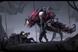  1girl absurdres aiming battle biohazard_symbol black_leggings box brown_hair bulletproof_vest cable claws cqcnorthfish crack cracked_glass cyborg gun h&amp;k_mp7 headphones highres holding holding_gun holding_weapon horns knee_pads leggings mecha mechanical_horns mechanical_tail medium_hair military_patch monster original robot ruins scared single_knee_pad submachine_gun tactical_clothes tail weapon 
