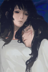  2girls absurdres black_hair blue_background chainsaw_man chinese_commentary closed_eyes commentary_request cross_scar dark_background hair_over_shoulder head_on_chest highres huoche_wu_wu long_hair long_sidelocks mitaka_asa multiple_girls parted_lips scar scar_on_cheek scar_on_face scar_on_nose shirt sidelocks simple_background sleeping white_shirt yoru_(chainsaw_man) 