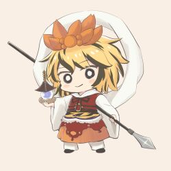  1girl animal_print belt bishamonten's_pagoda bishamonten's_spear black_ribbon black_shoes black_streaks blonde_hair blush brown_background commentary_request cyu_ta hagoromo hat highres holding holding_polearm holding_weapon long_sleeves medium_hair multicolored_hair o-ring o-ring_belt orange_hat orange_skirt pants polearm red_vest ribbon shawl shirt shoes skirt smile solo streaked_hair tiger_print toramaru_shou touhou vest weapon white_pants white_shirt 