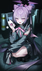  1girl absurdres black_boots black_nails black_shirt black_skirt black_sleeves blue_archive blush boots bow-shaped_hair cat_ear_smartphone_case commentary cone_hair_bun detached_sleeves double_bun fangs frilled_shirt frills full_body hair_between_eyes hair_bun hair_ornament hairclip halo heart highres holding holding_phone jirai_kei karen_(blue_archive) long_hair looking_at_viewer multicolored_nails myowa night open_mouth phone pink_nails pink_ribbon pink_wings platform_boots pointy_ears purple_halo ribbon shirt skirt sleeves_past_fingers sleeves_past_wrists solo squatting tongue tongue_out twintails twintails_with_hair_base two-tone_nails violet_eyes wings 