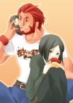  androgynous bad_id bangs beard black_hair blush character_doll facial_hair fate/zero fate_(series) green_eyes highres jeans male maliarda multiple_boys parted_bangs red_eyes red_hair redhead rider_(fate/zero) t-shirt waver_velvet 