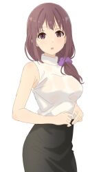 1girl :d bangs blue_eyes blush brown_footwear brown_hair brown_jacket collared_shirt commentary_request dress_shirt eyebrows_visible_through_hair green_skirt hair_ribbon highres holding honda_tamaki jacket kneehighs loafers long_hair neck_ribbon open_mouth pink_ribbon plaid plaid_skirt pleated_skirt red_ribbon ribbon shirt shoes sidelocks simple_background skirt smile solo stella_no_mahou trg-_(sain) very_long_hair white_background white_legwear white_shirt