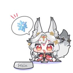  1girl :3 :d animal_ears blush_stickers bowl chibi chibi_only commentary_request fox_ears fox_girl fox_tail hair_intakes hair_ornament highres hsin_(wuthering_waves) mole mole_under_eye on_floor open_mouth pet_bowl red_eyes simple_background sitting smile speech_bubble syurikenmaru tail tail_ornament white_background white_hair wuthering_waves 