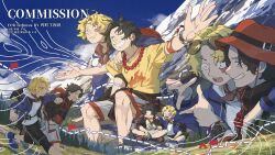  2boys alternate_costume bead_necklace beads black_hair black_jacket blonde_hair blue_jacket blue_sky bracelet clouds cloudy_sky commentary commission english_commentary freckles grin hat hat_on_back highres hood hood_down hoodie jacket jewelry male_focus multiple_boys necklace one_piece portgas_d._ace robinlovesop running sabo_(one_piece) scar scar_across_eye scar_on_face shirt short_hair shorts sky smile white_hoodie white_shorts yellow_shirt 