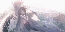 2girls ^_^ akemi_homura akuma_homura bare_shoulders black_dress black_hair black_shoes black_skirt black_wings bridal_gauntlets brown_jacket chihuri closed_eyes closed_mouth commentary_request dress feathered_wings hair_ribbon hand_on_another's_head highres jacket juliet_sleeves kaname_madoka loafers long_hair long_sleeves mahou_shoujo_madoka_magica mahou_shoujo_madoka_magica:_walpurgis_no_kaiten mitakihara_school_uniform multiple_girls parted_lips partially_submerged pink_hair pleated_skirt puffy_sleeves red_ribbon ribbon school_uniform shoes skirt smile thighhighs twintails very_long_hair water white_thighhighs wings