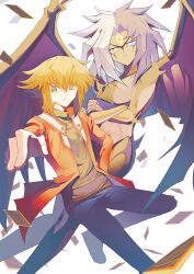  absurdres black_shirt blue_hair blue_lips brown_eyes brown_hair collared_jacket collared_shirt commentary_request crossed_arms demon_girl demon_horns demon_wings duel_academy_uniform_(yu-gi-oh!_gx) duel_monster facial_mark highres horns jacket one_eye_closed pointing pointing_at_viewer red_jacket shirt spiky_hair sugukieru_mn third_eye white_hair wings yu-gi-oh! yu-gi-oh!_gx yubel yuki_judai 