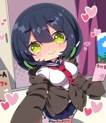  1girl absurdres arrow_(symbol) black_hair blue_sailor_collar blue_skirt blush blush_stickers breasts brown_cardigan cardigan chibi commentary_request green_eyes hair_between_eyes headphones heart highres indoors kyoumachi_seika large_breasts long_sleeves milkpanda necktie nose_blush pleated_skirt puffy_long_sleeves puffy_short_sleeves puffy_sleeves red_necktie sailor_collar shirt short_sleeves skirt sleeves_past_fingers sleeves_past_wrists sliding_doors solo thick_eyebrows translation_request voiceroid white_shirt 