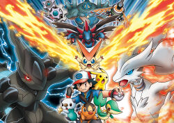  1boy :o artist_request ash_ketchum baseball_cap black_gloves black_hair black_sclera blue_eyes blue_sclera brown_eyes clenched_hand closed_mouth colored_sclera commentary dragon electricity english_commentary fangs fingerless_gloves fire gears gloves glowing_tail golurk hat highres holding holding_poke_ball holding_seashell hydreigon klinklang official_art open_mouth oshawott poke_ball poke_ball_(basic) poke_ball_print pokemon pokemon_(anime) pokemon_(creature) pokemon_the_movie:_black/white_-_victini_and_reshiram/zekrom pokemon_the_series:_black_&amp;_white red_eyes red_sclera reshiram reshiram_(overdrive) scallop seashell shell short_sleeves sigilyph snivy starter_pokemon_trio tepig third-party_source victini white_eyes yellow_eyes zekrom zekrom_(overdrive) 